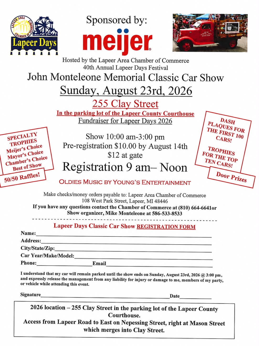 John Monteleone Memorial Classic Car Show event at Lapeer County Courthouse in Lapeer, MI on August 23, 2026