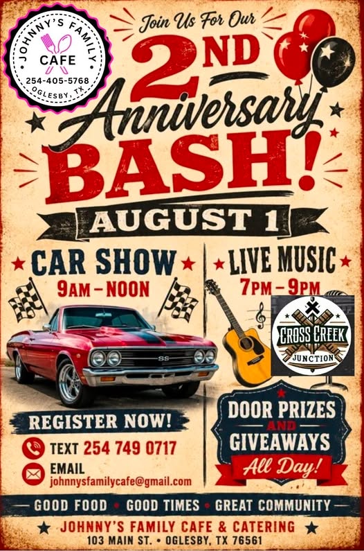 Johnny's Family Cafe 2nd Anniversary Bash Car Show event at Johnny's Family Cafe in Oglesby, TX on August 1, 2026