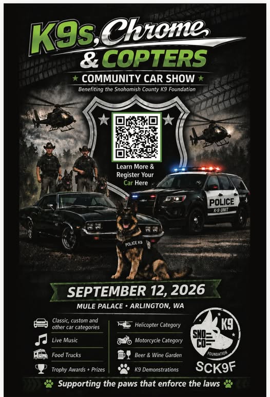 K9s, Chrome & Copters Community Car Show event at Mule Palace in Arlington, WA on September 12, 2026