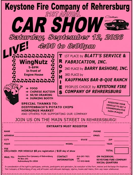 Keystone Fire Company of Rehrersburg Car Show event at Main Street in Rehrersburg, PA on September 12, 2026