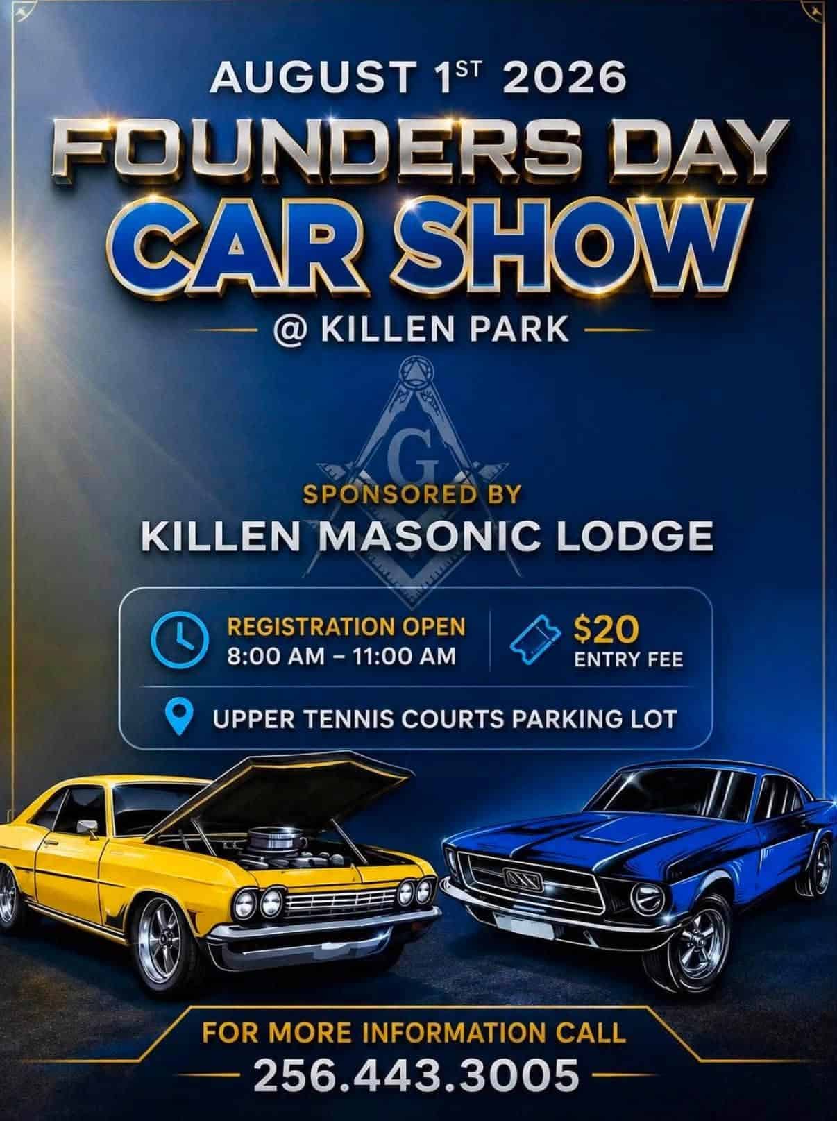 Killen Masonic Lodge Founders Day Car Show event at Killen Park in Killen, AL on August 1, 2026