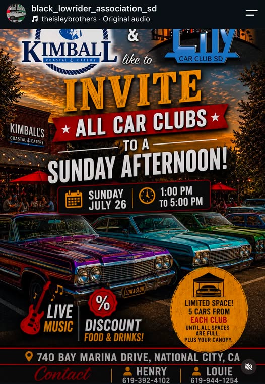 Kimball's Coastal Eatery & Car Club SD Sunday Afternoon Car Show event at Kimball's Coastal Eatery in National City, CA on July 26, 2026