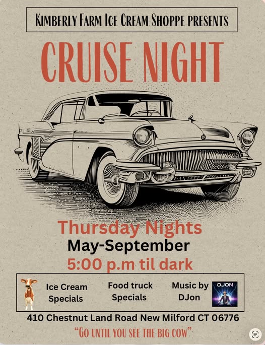 Kimberly Farm Ice Cream Shoppe Cruise Night event at Kimberly Farm Ice Cream Shoppe in New Milford, CT on July 9, 2026