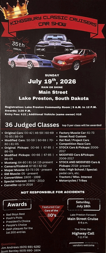 Kingsbury Classic Cruisers Car Show event at Main Street in Lake Preston, SD on July 19, 2026