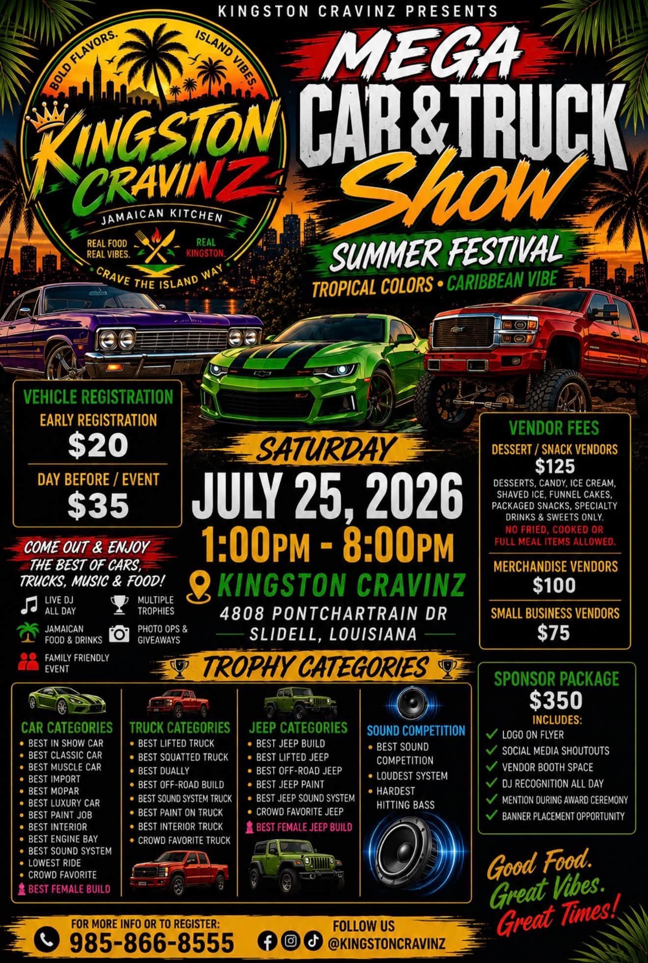 Kingston Cravinz Island Vibes Mega Car & Truck Show event at Kingston Cravinz Jamaican Kitchen in Slidell, LA on July 25, 2026
