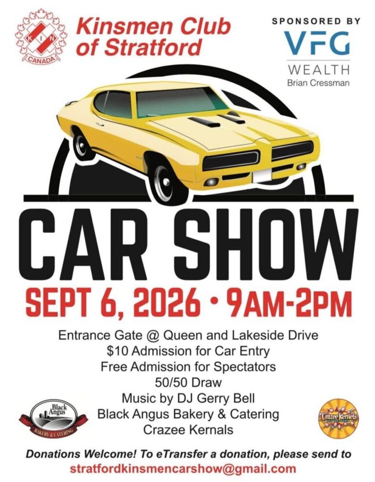 Kinsmen Club of Stratford Car Show event at Queen and Lakeside Drive in Stratford, ON on September 6, 2026