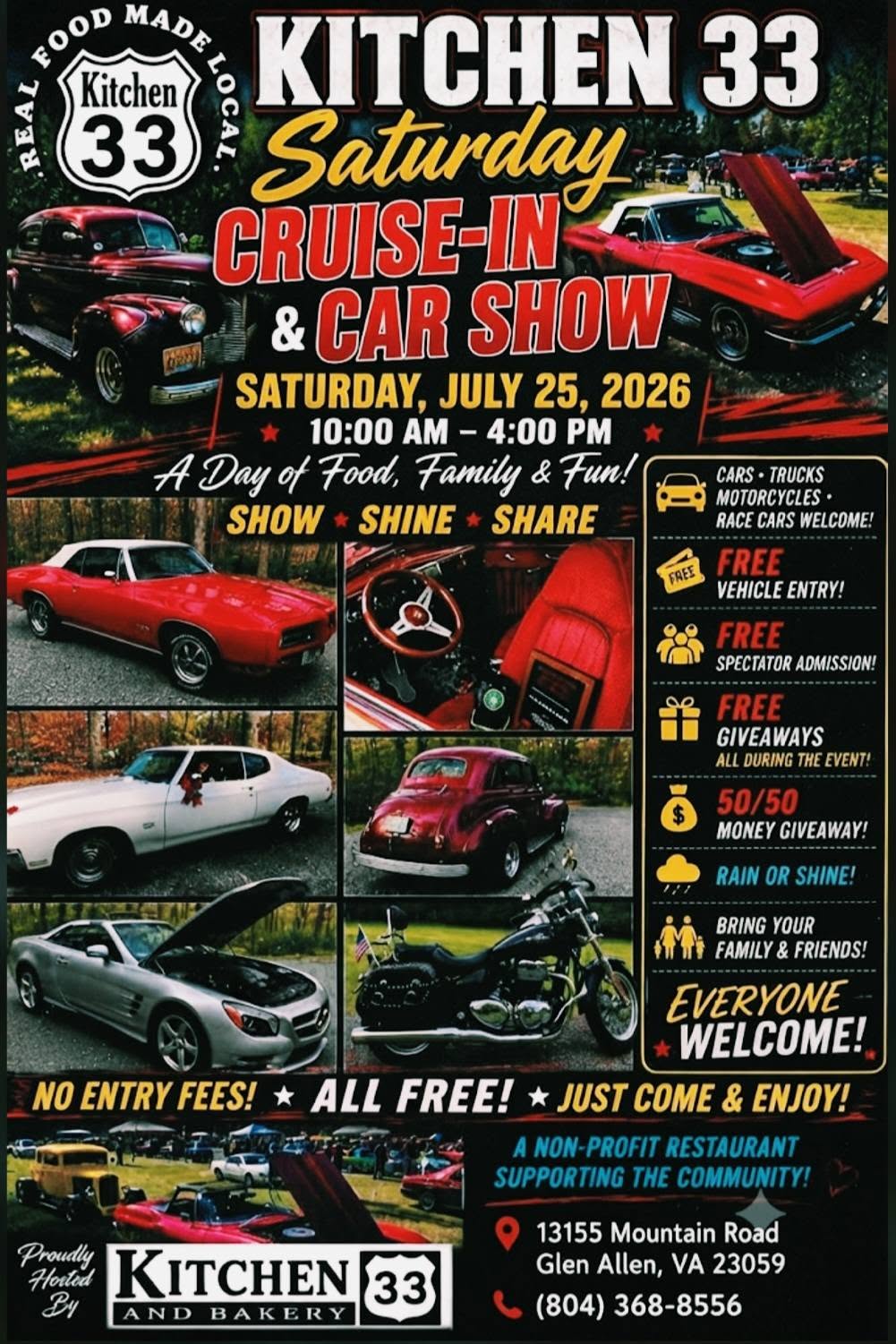 Kitchen 33 Cruise-In & Car Show event at Kitchen 33 in Glen Allen, VA on July 25, 2026