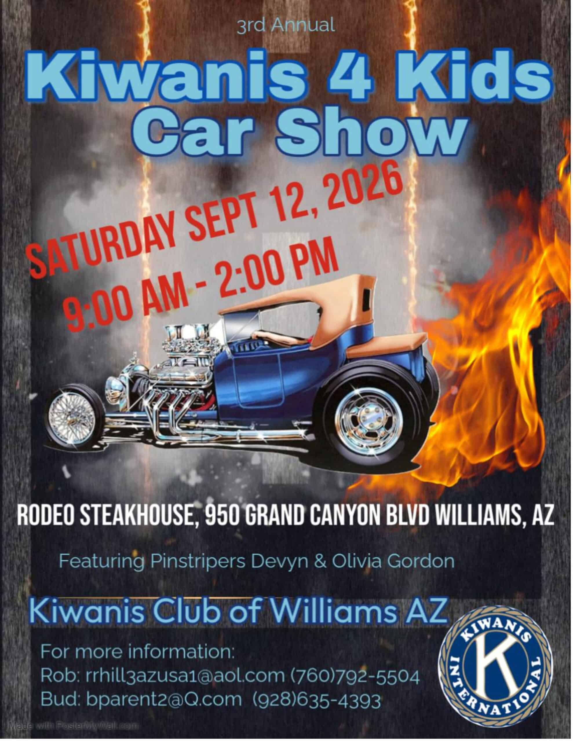 Kiwanis 4 Kids Car Show event at Rodeo Steakhouse in Williams, AZ on September 12, 2026