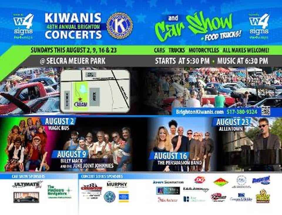 Kiwanis 48th Annual Brighton Concerts and Car Show event at Selcra Meijer Park in Brighton, MI on August 2, 2026