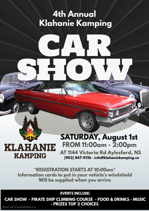Klahanie Kamping Car Show event at Klahanie Kamping in Aylesford, NS on August 1, 2026
