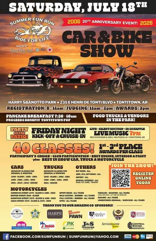 Krystal Klaus Pools Summer Fun Run Ride for Life 20th Anniversary Car & Bike Show event at Harry Sbanotto Park in Tontitown, AR on July 18, 2026