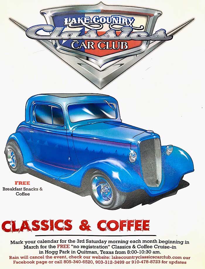 Lake Country Car Club Classics & Coffee event at Hogg Park in Quitman, TX on August 15, 2026