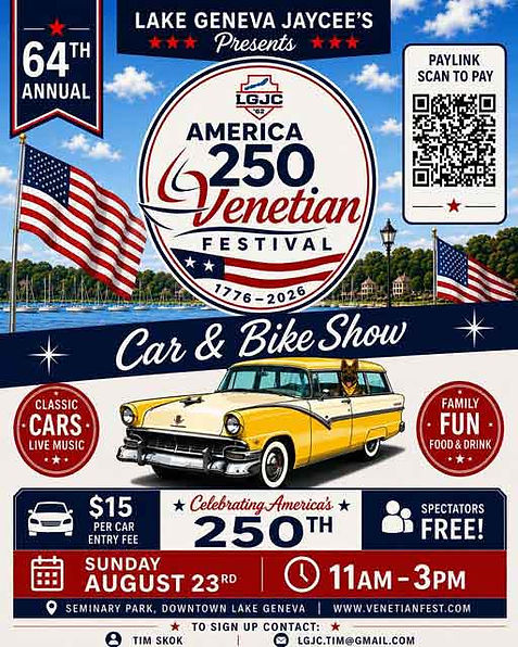 Lake Geneva Jaycee's 64th Annual Venetian Festival Car & Bike Show event at Seminary Park in Lake Geneva, WI on August 23, 2026