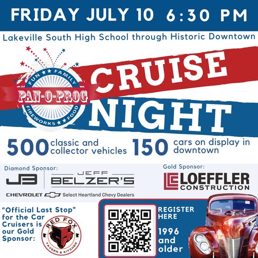 Lakeville Pan-O-Prog Family Fun Cruise Night event at Lakeville South High School in Lakeville, MN on July 10, 2026