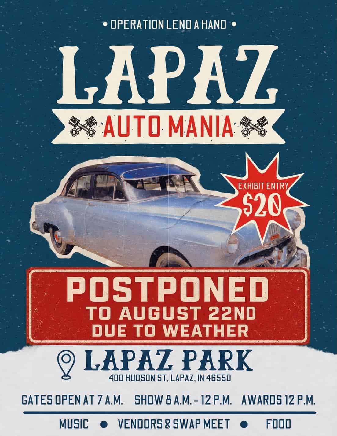 LaPaz Auto Mania event at Lapaz Park in Lapaz, IN on August 22, 2026