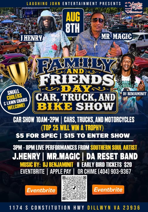 Laughing John Entertainment Mr Magic Family Friends Day Car, Truck, and Bike Show event at 1174 S Constitution Hwy in Dillwyn, VA on August 8, 2026