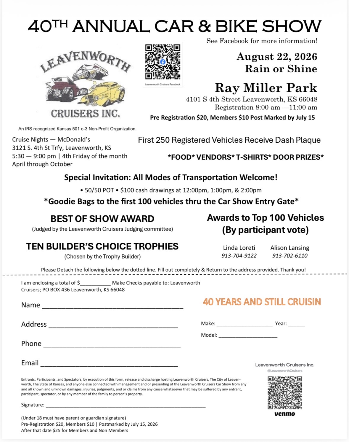 Leavenworth Cruisers Inc. 40th Annual Car & Bike Show event at Ray Miller Park in Leavenworth, KS on August 22, 2026