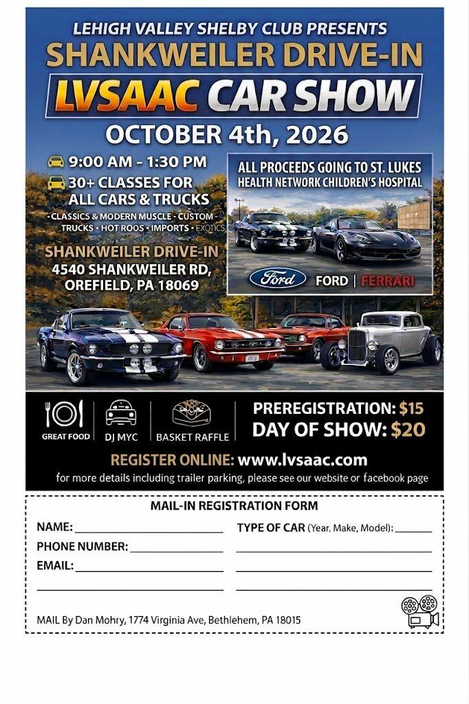 Lehigh Valley Shelby Club LVSAAC Car Show at Shankweiler Drive-In event at Shankweiler Drive-In in Orefield, PA on October 4, 2026