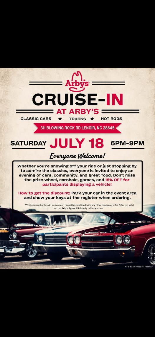 Lenoir Arby's Cruise-In event at Arby's in Lenoir, NC on July 18, 2026