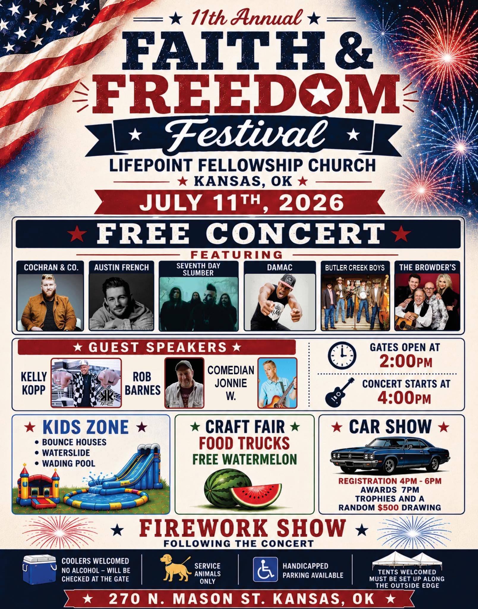 LifePoint Fellowship Church 11th Annual Faith & Freedom Festival Car Show event at LifePoint Fellowship Church in Kansas, OK on July 11, 2026