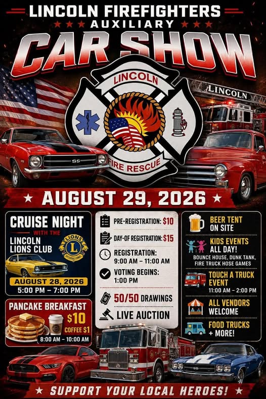 Lincoln Firefighters Auxiliary Car Show event at 117 Fiske St in Lincoln, NE on August 29, 2026