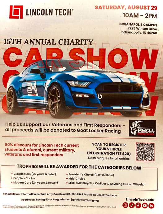 Lincoln Tech Charity Car Show event at Lincoln Tech Indianapolis Campus in Indianapolis, IN on August 29, 2026