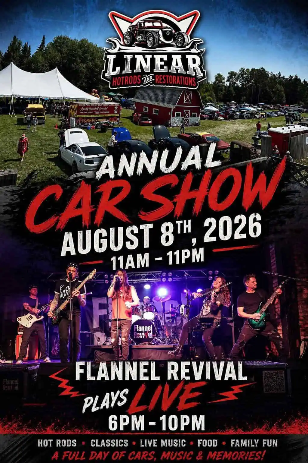 Linear Hotrods and Restorations Annual Car Show event at Linear Hot Rods & Restorations in Birnamwood, WI on August 8, 2026