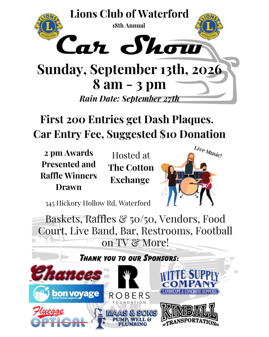 Lions Club of Waterford 18th Annual Car Show event at The Cotton Exchange in Waterford, WI on September 13, 2026