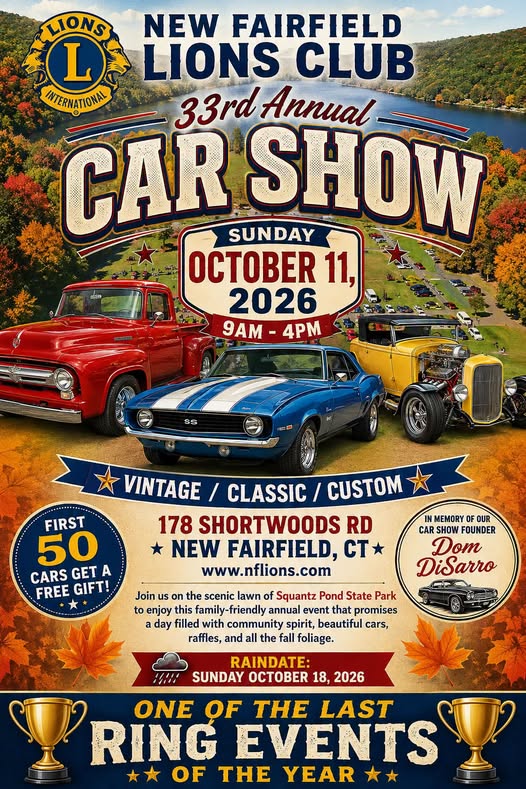 Lions New Fairfield International Car Show event at Squantz Pond State Park in New Fairfield, CT on October 11, 2026