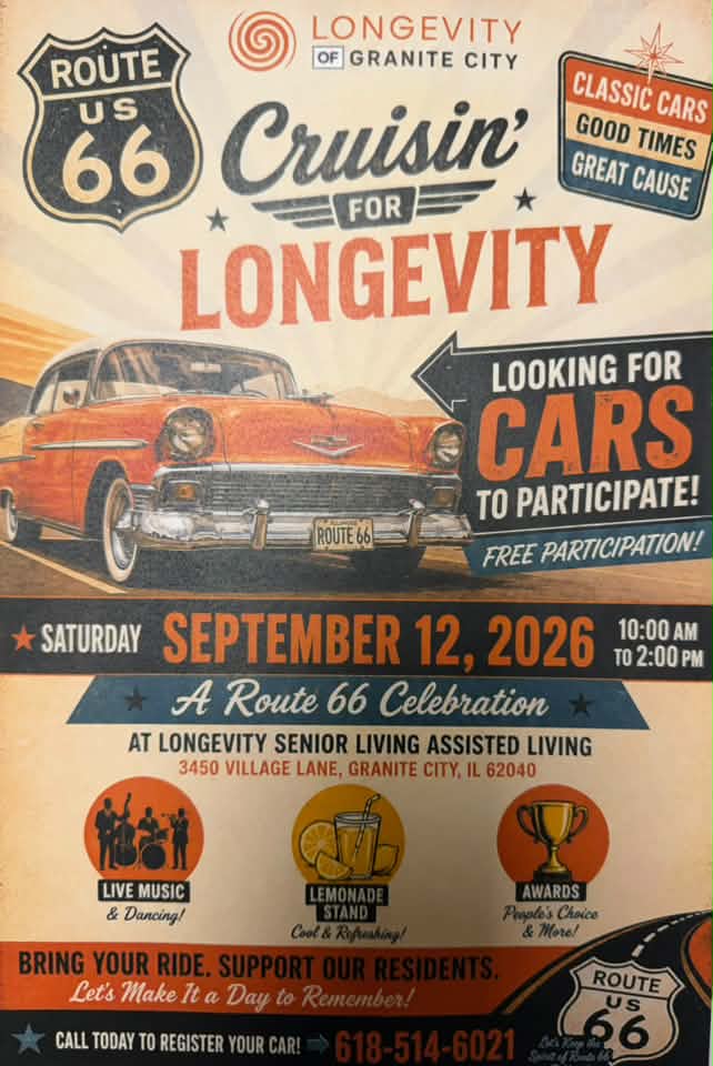 Longevity of Granite City Route 66 Cruisin' Classic Car Show event at Longevity Senior Living Assisted Living in Granite City, IL on September 12, 2026