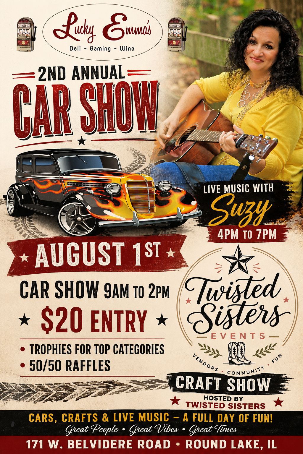 Lucky Emmas 2nd Annual Car Show event at Lucky Emmas in Round Lake, IL on August 1, 2026