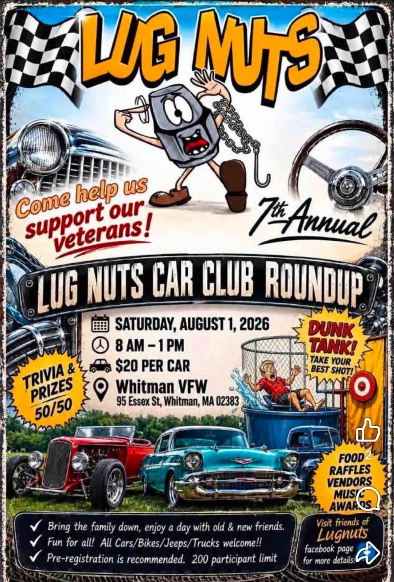 Lug Nuts Car Club 7th Annual Roundup event at Whitman VFW in Whitman, MA on August 1, 2026