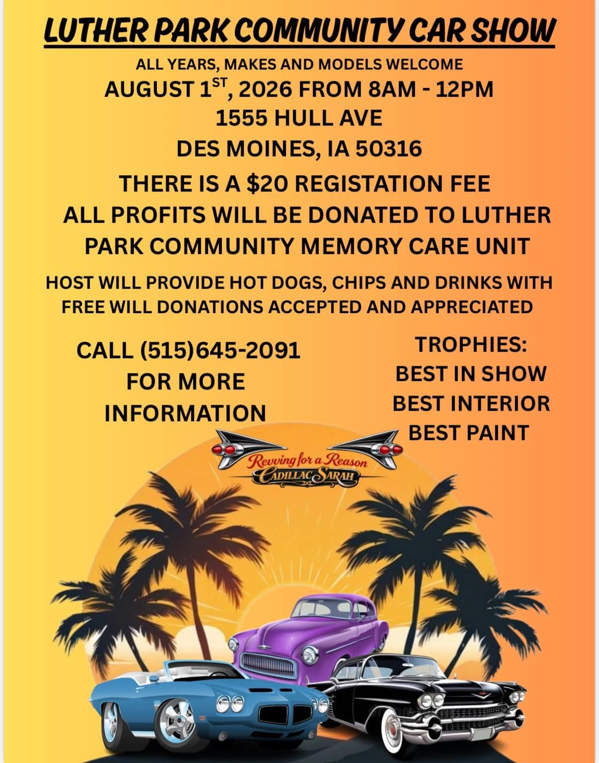 Luther Park Community Car Show event at Luther Park Community in Des Moines, IA on August 1, 2026