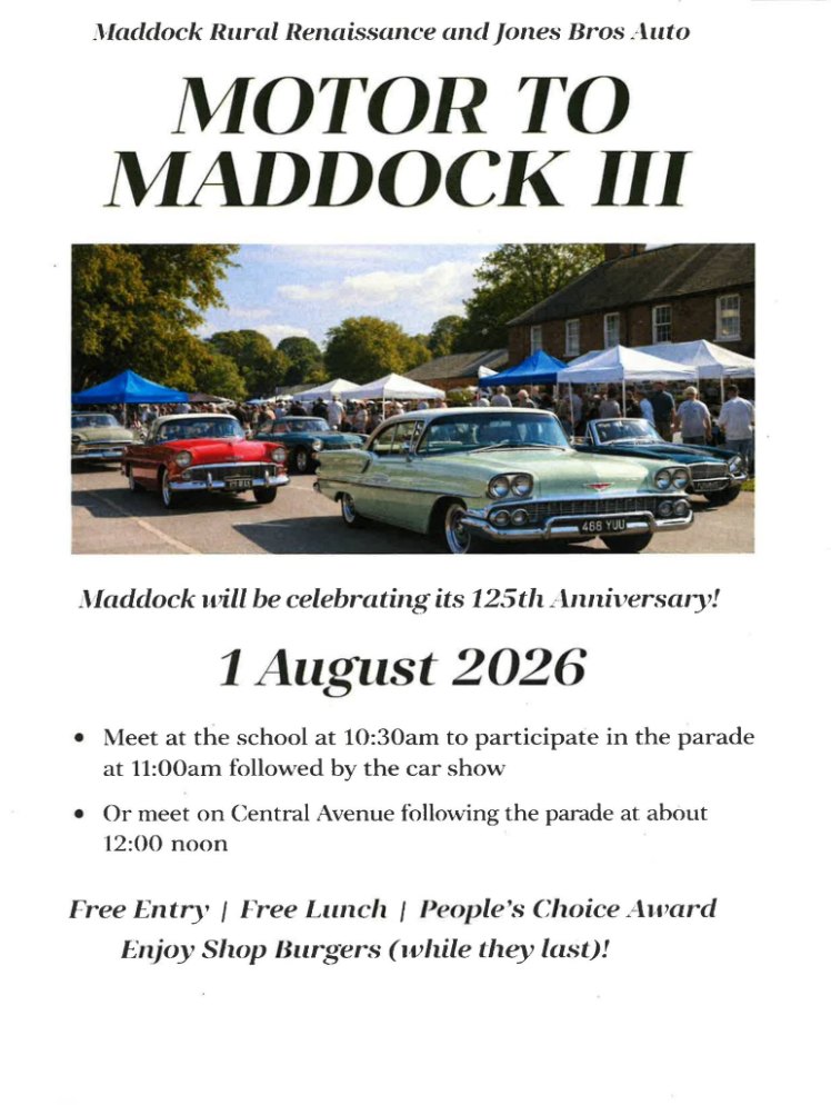 Maddock Rural Renaissance and Jones Bros Auto Motor to Maddock III Car Show event at Central Avenue in Maddock, ND on August 1, 2026