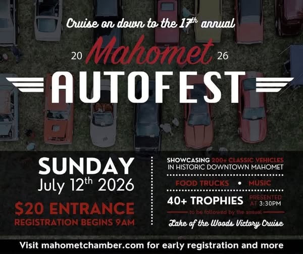 Mahomet AutoFest event at Historic Downtown Mahomet in Mahomet, IL on July 12, 2026