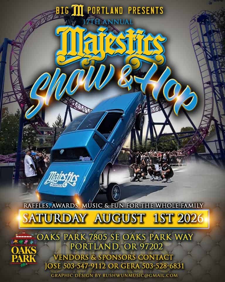 Majestics 17th Annual Lowrider Car Show & Hop event at Oaks Amusement Park in Portland, OR on August 1, 2026