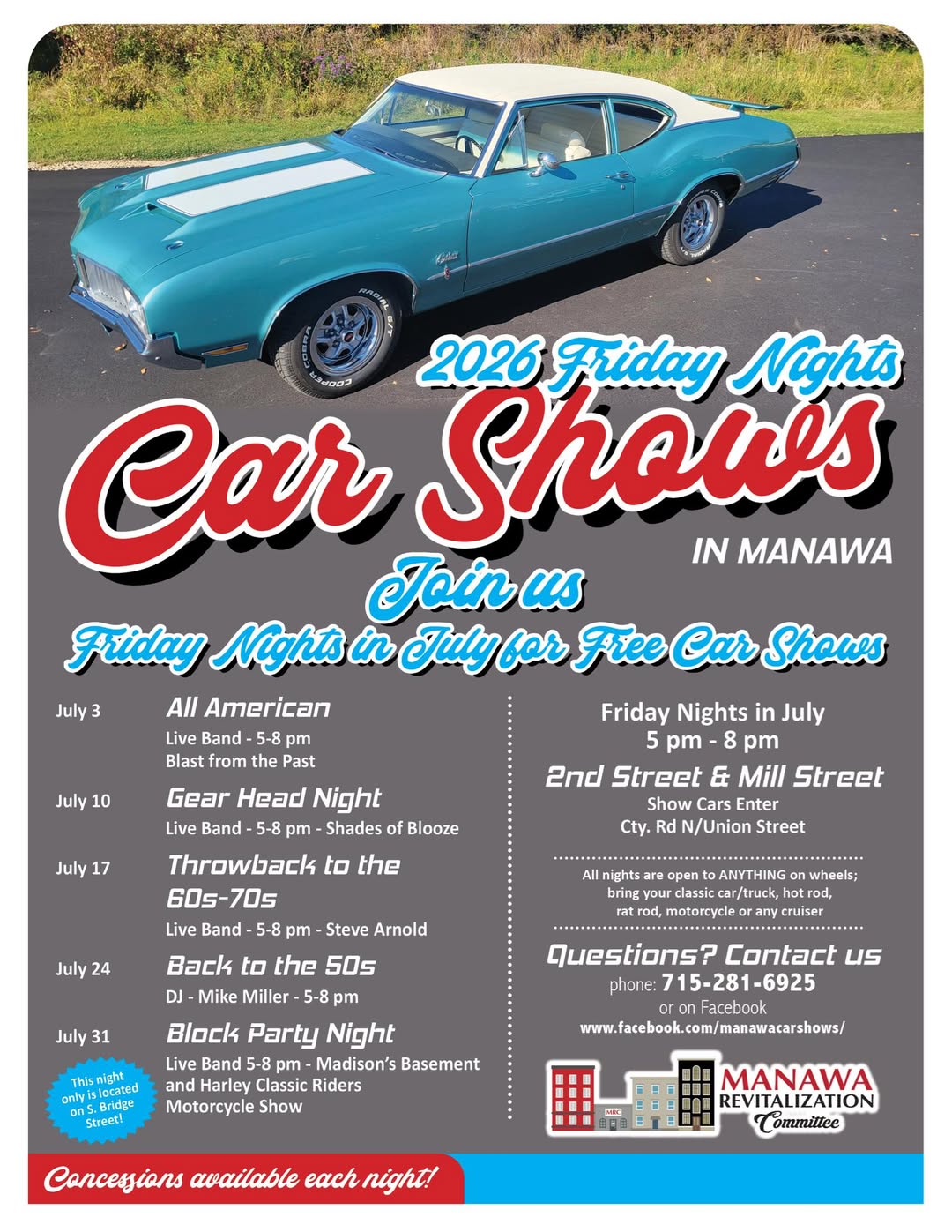 Manawa Revitalization Committee Friday Nights Car Shows event at 2nd Street & Mill Street in Manawa, WI on July 10, 2026