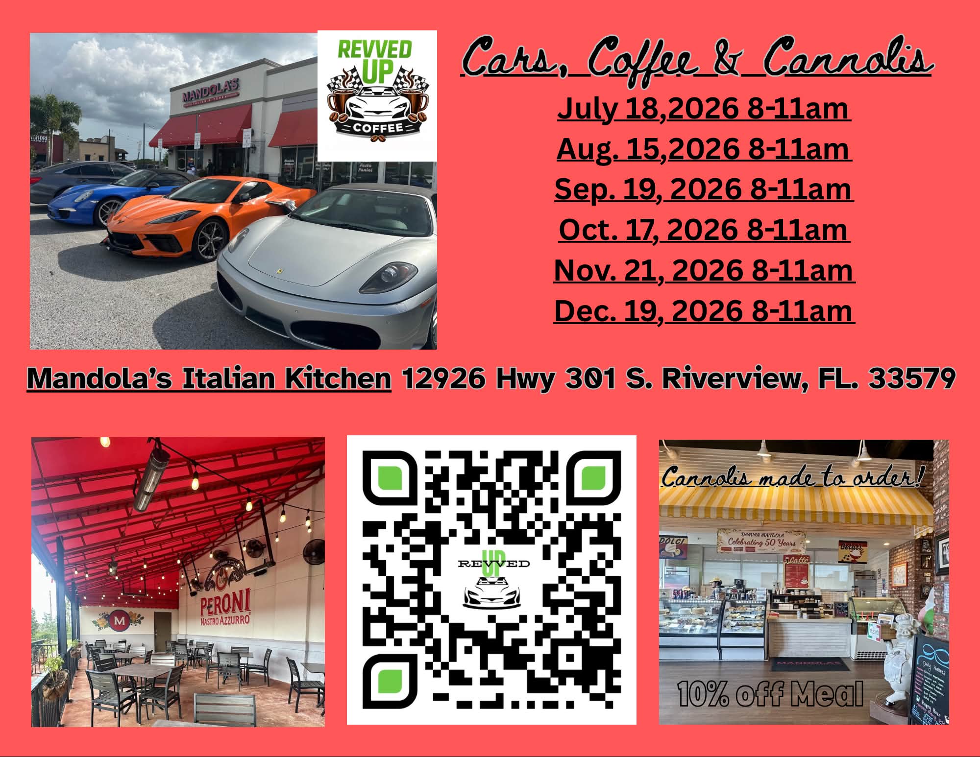 Mandola's Italian Kitchen Cars, Coffee & Cannolis event at Mandola's Italian Kitchen in Riverview, FL on July 18, 2026