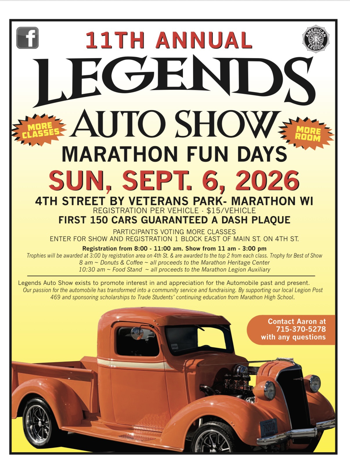 Marathon Legion Post 469 11th Annual Legends Auto Show event at Veterans Park in Marathon, WI on September 6, 2026