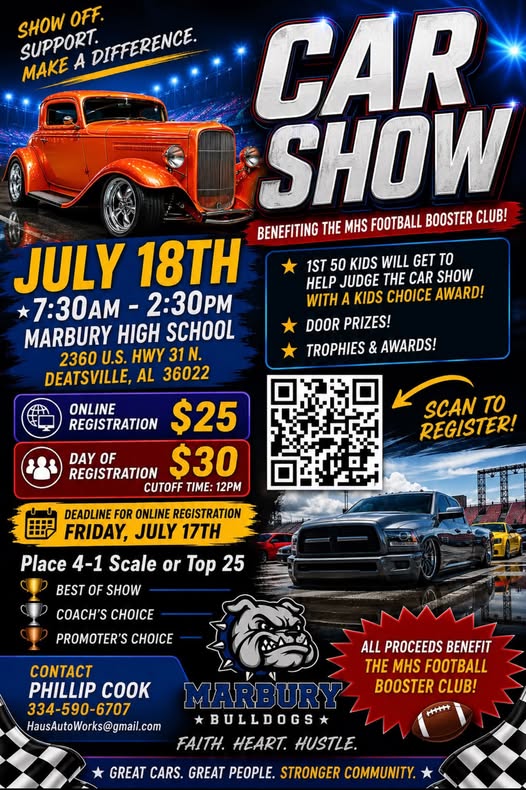 Marbury High School Football Booster Club Car Show event at Marbury High School in Deatsville, AL on July 18, 2026
