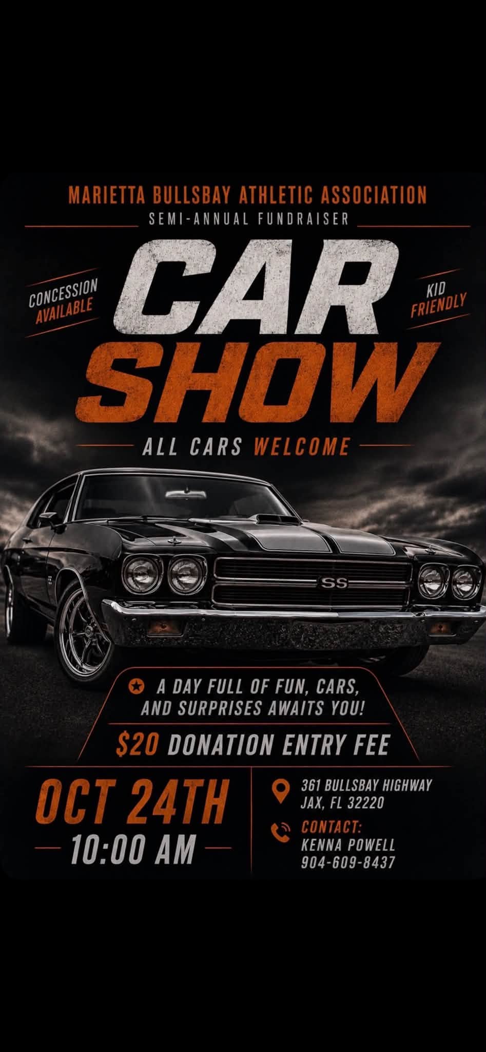 Marietta Bullsbay Athletic Association Car Show event at 361 Bullsbay Highway in Jacksonville, FL on October 24, 2026