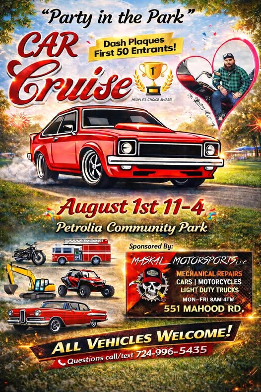 Maskal Motorsports Party in the Park Car Cruise event at Petrolia Community Park in Petrolia, PA on August 1, 2026