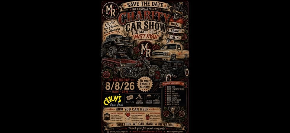 Matt Ryan Originals Charity Car Show event at Chuy's Baja Grill in Bakersfield, CA on August 8, 2026