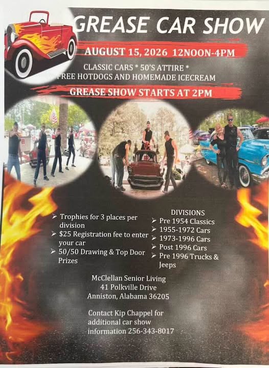 McClellan Senior Living Grease Car Show event at McClellan Senior Living in Anniston, AL on August 15, 2026