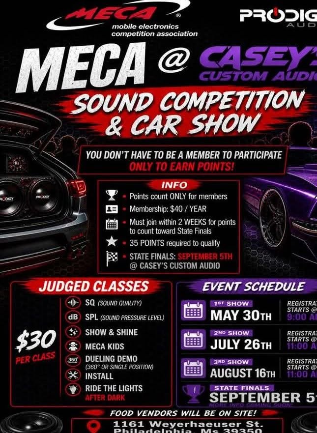 MECA at Casey's Custom Audio Competition & Car Show event at Casey's Custom Audio in Philadelphia, MS on July 26, 2026
