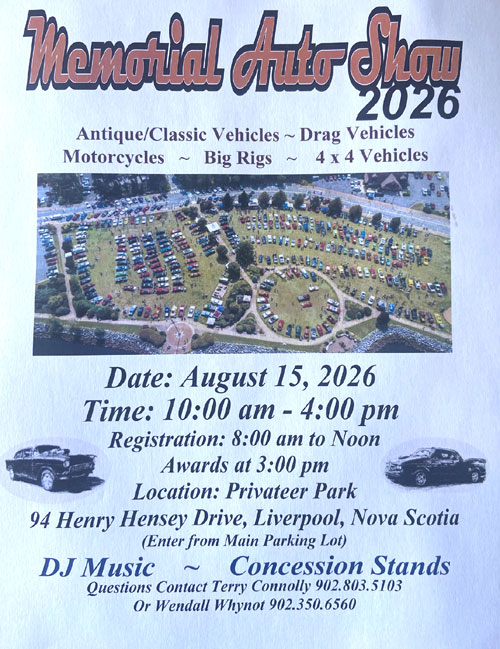 Memorial Auto Show event at Privateer Park in Liverpool, NS on August 15, 2026