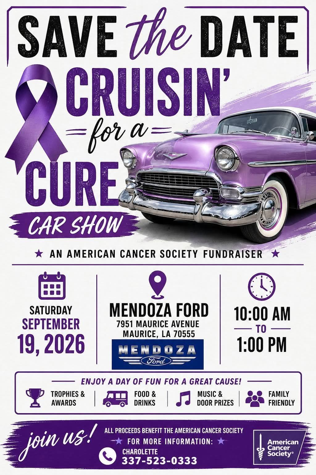 Mendoza Ford Cruisin' for a Cure Car Show event at Mendoza Ford in Maurice, LA on September 19, 2026