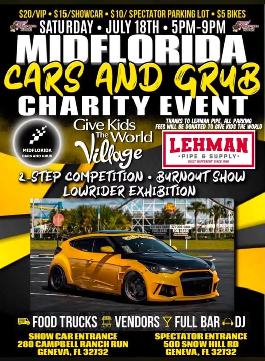 MidFlorida Cars and Grub Charity Event event at 280 Campbell Ranch Run in Geneva, FL on July 18, 2026