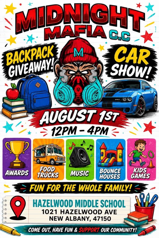 Midnight Mafia C.C. Backpack Giveaway Car Show event at Hazelwood Middle School in New Albany, IN on August 1, 2026