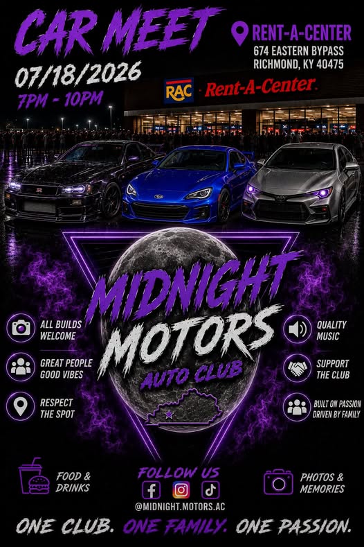 Midnight Motors Auto Club Car Meet at Rent-A-Center event at Rent-A-Center in Richmond, KY on July 18, 2026